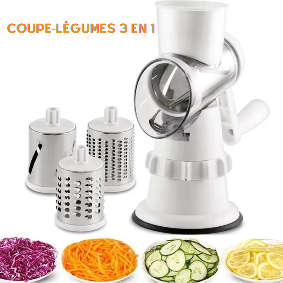 Coupe-Légume Manuel 3 en 1 — Manivelle + Ventouse | Tranche, Râpe, Émince